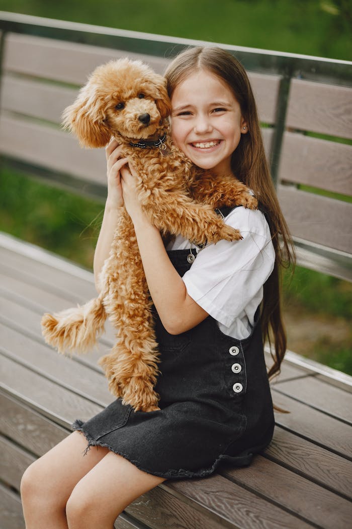 A cheerful girl holding a fluffy poodle while sitting on a park bench outdoors.